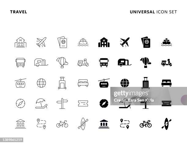 トラベルコンセプトユニバーサル実線と線のアイコンセットを編集可能なストロークで。アイコンは、webページ、モバイルアプリ、ui、ux、guiデザインに適しています。 - 旅客船点のイラスト素材／クリップアート素材／マンガ素材／アイコン素材