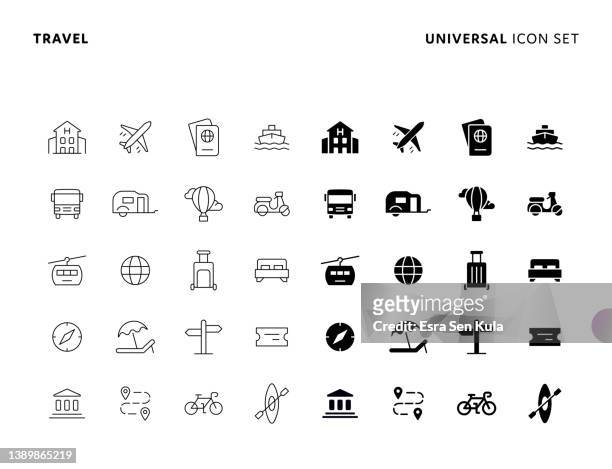 travel concept universal solid and line icon set with editable stroke. icons are suitable for web page, mobile app, ui, ux and gui design. - travel destinations stock illustrations