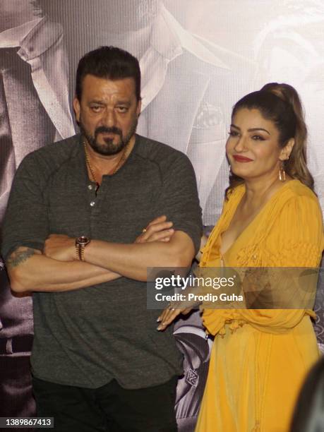 Sanjay Dutt and Raveena Tandon attend the 'K.G.F: Chapter 2' film trailer launch on April 06, 2022 in Navi Mumbai, India