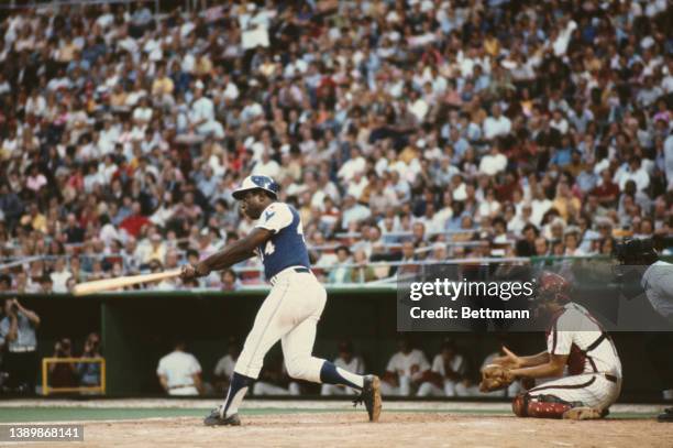 American baseball player Hank Aaron batting for the Atlanta Braves during their Major League Baseball match against the New York Mets, at the...
