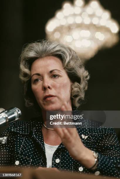 Sally Jackson Harmony, former secretary to G Gordon Liddy, testifies before the United States Senate Watergate Committee hearing, held in the Russell...