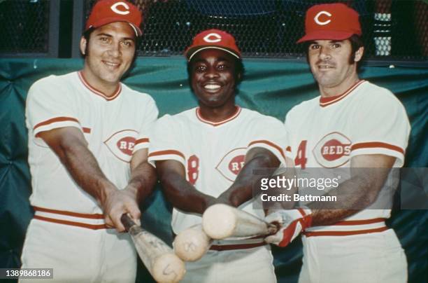 American baseball player Johnny Bench, American baseball player Joe Morgan , and American baseball player Pete Rose, all three play for the...