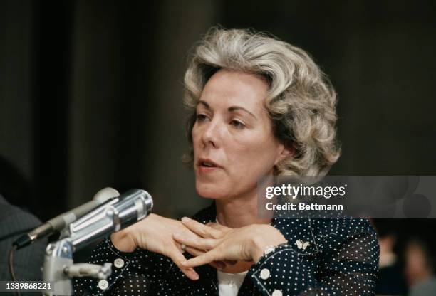 Sally Jackson Harmony, former secretary to G Gordon Liddy, testifies before the United States Senate Watergate Committee hearing, held in the Russell...