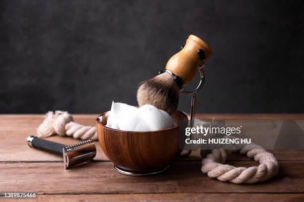 wooden shaving accessories on wooden table - wood shaving stock pictures, royalty-free photos & images