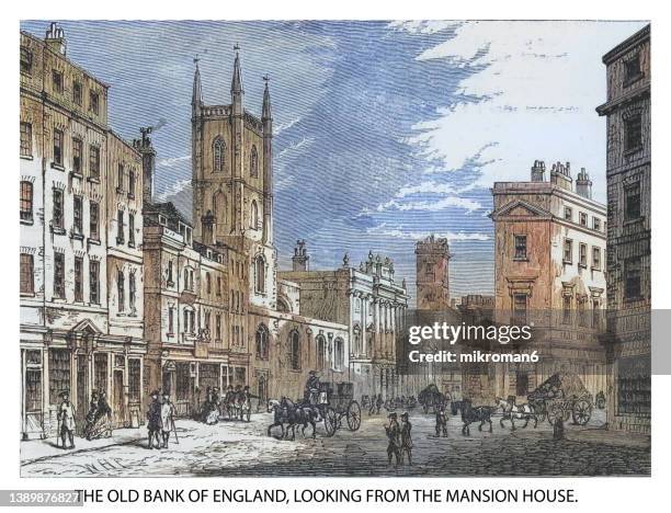 old illustration of the old bank of england, looking from the mansion house, london, england - mansion house london imagens e fotografias de stock