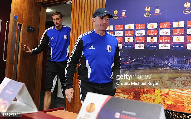 Stoke manager Tony Pulis and Peter Crouch arrive to speak to the media ahead of the Stoke City training session at Clayton Wood Training Ground on...