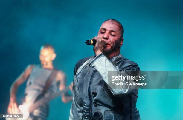 Rammstein, Till Lindemann, Oliver Riedel, Rock Werchter Festival, Werchter, Belgium, 29th June 2002.