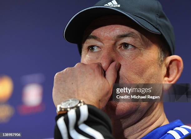 Stoke manager Tony Pulis speaks to the media aheads of the Stoke City training session at Clayton Wood Training Ground on February 15, 2012 in Stoke,...