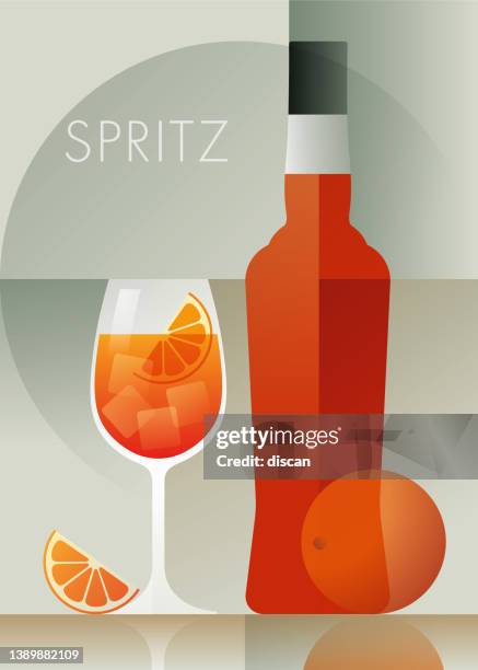 ilustraciones, imágenes clip art, dibujos animados e iconos de stock de cóctel spritz con naranja y botella. estilo art decó. - cocktail