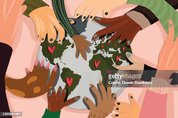 multiethnic group of people - globe party stock illustrations
