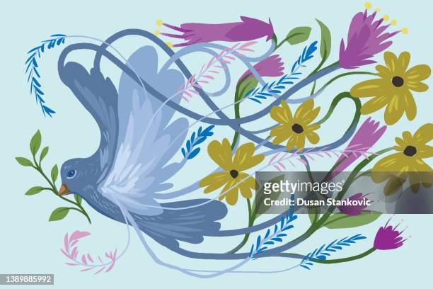 illustrazioni stock, clip art, cartoni animati e icone di tendenza di bella colomba di pace con i fiori - ramo di ulivo