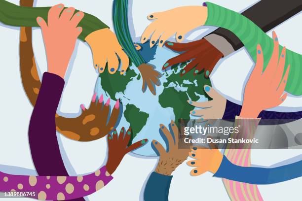 diverse multiethnic partners - globe party stock illustrations