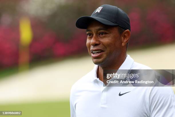 Tiger Woods of the United States looks on from the 13th hole during a practice round prior to the Masters at Augusta National Golf Club on April 06,...