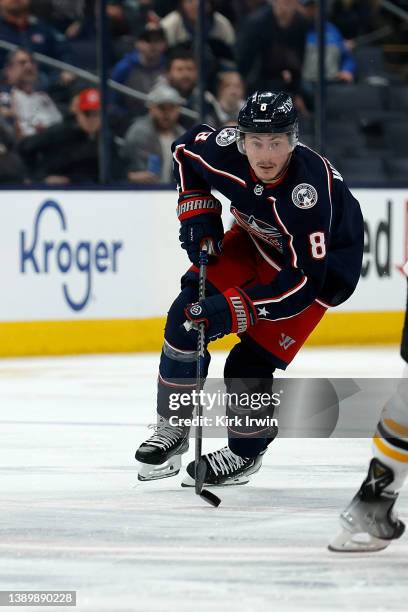 Zach Werenski of the Columbus Blue Jackets controls the puck during the game against the Boston Bruins at Nationwide Arena on April 4, 2022 in...