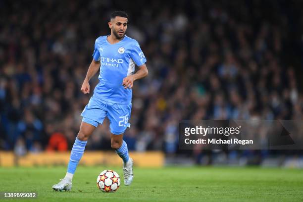 Riyad Mahrez of Manchester City in action during the UEFA Champions League Quarter Final Leg One match between Manchester City and Atlético Madrid at...