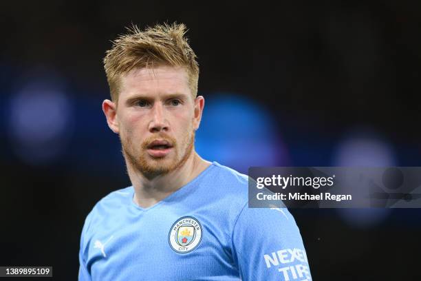 Kevin De Bruyne of Manchester City looks on during the UEFA Champions League Quarter Final Leg One match between Manchester City and Atlético Madrid...