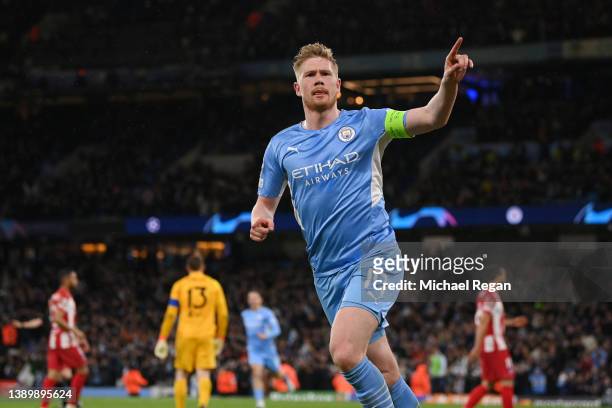 Kevin De Bruyne of Manchester City celebrates scoring to make it 1-0 during the UEFA Champions League Quarter Final Leg One match between Manchester...