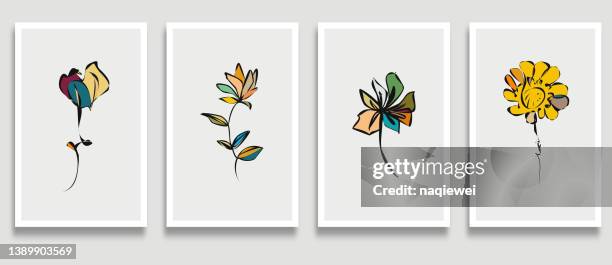 vector colors botanical wall art set foliage line art hand drawing with abstract plant and flower icon card template banner background,design element,abstract backgrounds collection - sunflower stock illustrations
