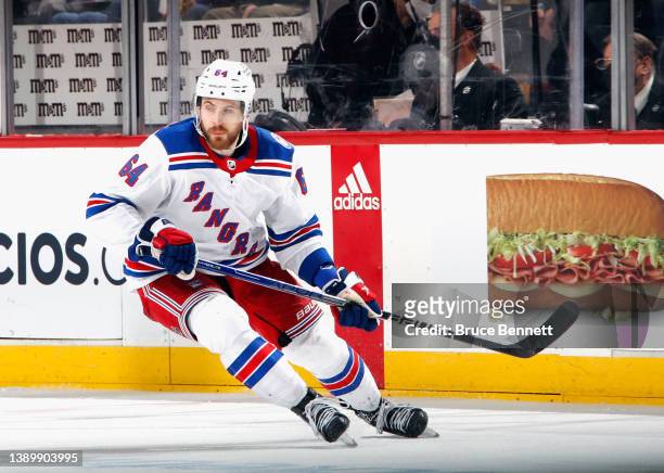 Tyler Motte of the New York Rangers skates against the New Jersey Devils at the Prudential Center on April 05, 2022 in Newark, New Jersey.