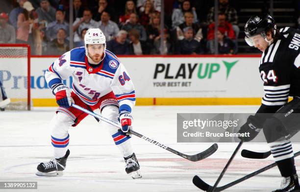 Tyler Motte of the New York Rangers skates against the New Jersey Devils at the Prudential Center on April 05, 2022 in Newark, New Jersey.