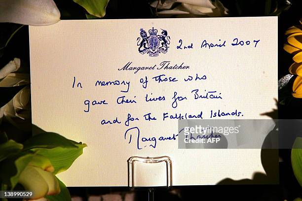 View of the message on the wreath laid by former British Prime Minister Baroness Margaret Thatcher to mark the 25th anniversary of the start of the...