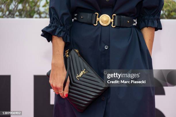 Barbara Cabrita, clutch bag detail, attends the "Barbara Cabrita" photocall during the 5th Canneseries Festival on April 06, 2022 in Cannes, France.