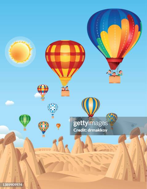 ilustrações de stock, clip art, desenhos animados e ícones de hot air balloon flying over cappadocia, turkey - capadocia