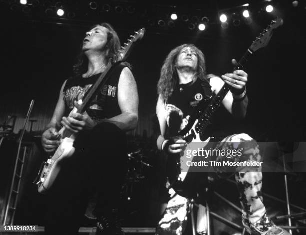 Dave Murray and Janick Gers of Iron Maiden perform at Shoreline Amphitheatre on September16, 2000 in Mountain View, California.