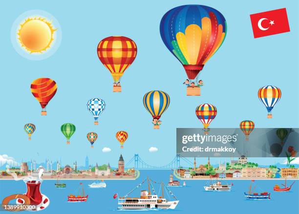 hot air balloon flying over istanbul - hot air balloon festival stock illustrations