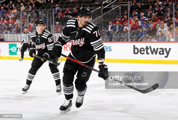 Jonas Siegenthaler of the New Jersey Devils skates against the New York Rangers at the Prudential Center on April 05, 2022 in Newark, New Jersey.
