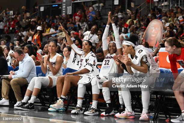 The Atlanta Dream celebrate during the game against the Los Angeles Sparks on July 2, 2023 at Gateway Center Arena at College Park in Atlanta,...