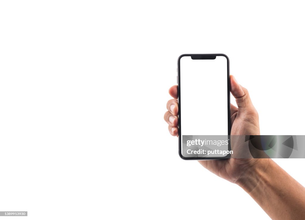 Close up of Man hand holding smartphone on white background, cropped hand using smartphone on the background white - stock photo