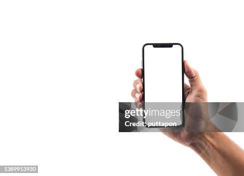 Close up of Man hand holding smartphone on white background, cropped hand using smartphone on the background white - stock photo Close up of Man hand holding smartphone on white background, cropped hand using smartphone on the background white - stock photo
