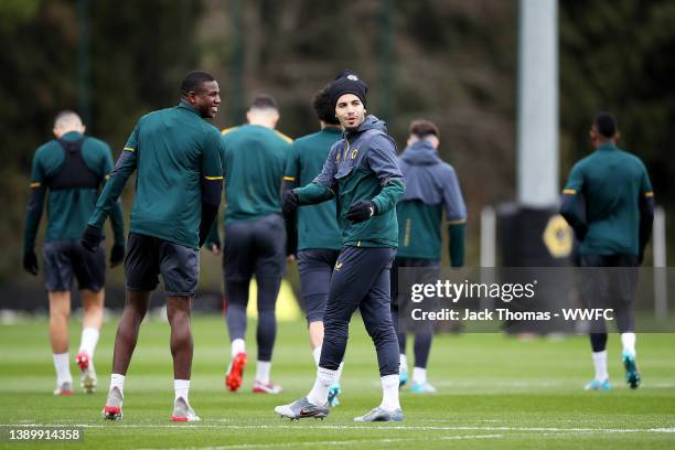 Rayan Ait-Nouri of Wolverhampton Wanderers reacts during a Wolverhampton Wanderers Training Session at The Sir Jack Hayward Training Ground on April...