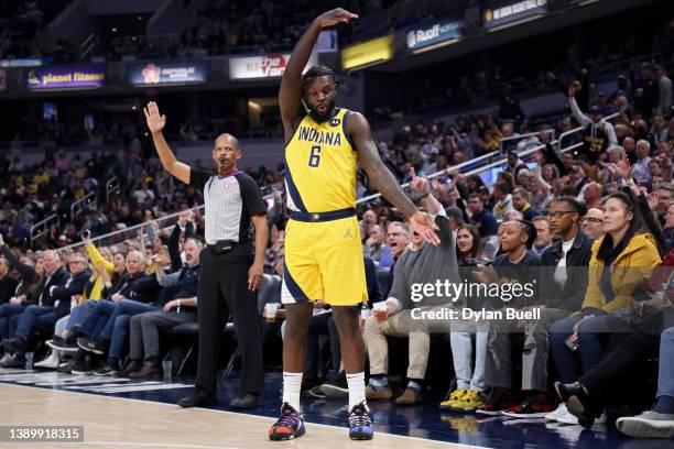 Lance Stephenson of the Indiana Pacers celebrates in the second quarter against the Philadelphia 76ers at Gainbridge Fieldhouse on April 05, 2022 in...