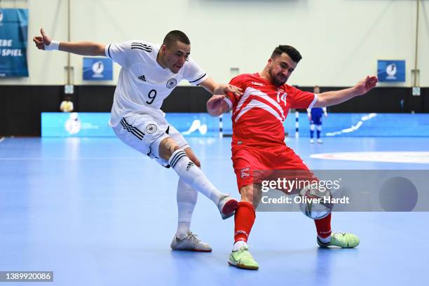 Ian Prescott Claus of Germany competes for the ball with Ashley Rodriguez of Gibraltar during the FIFA Futsal World Cup 2024 Pre-Qualifier match...