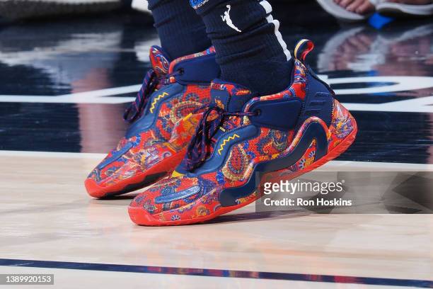 The sneakers worn by Erica Wheeler of the Indiana Fever during the game against the Chicago Sky on July 2, 2023 at Gainbridge Fieldhouse in...