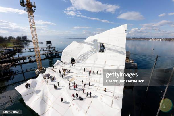 The lake stage during the roofing ceremony ahead of the 76th Bregenz Festival at Seebühne Bregenz on April 06, 2022 in Bregenz, Austria. The lake...