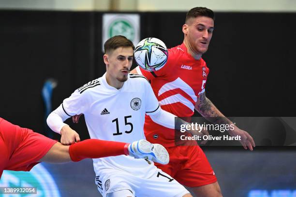 Malik Hadziavdic of Germany competes for the ball with Jamie Lee Fortuna of Gibraltar during the FIFA Futsal World Cup 2024 Pre-Qualifier match...