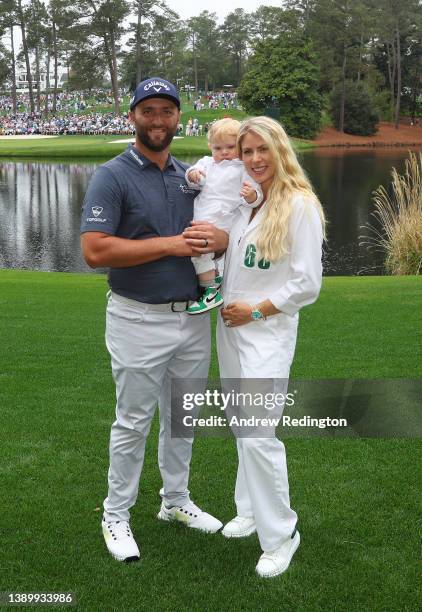 Jon Rahm of Spain, wife Kelley Cahill and son Kepa Rahm during the Par Three Contest prior to the Masters at Augusta National Golf Club on April 06,...