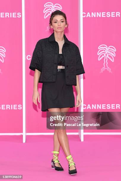 Mimi Keene attends the pink carpet during the 5th Canneseries Festival - Day Six on April 06, 2022 in Cannes, France.