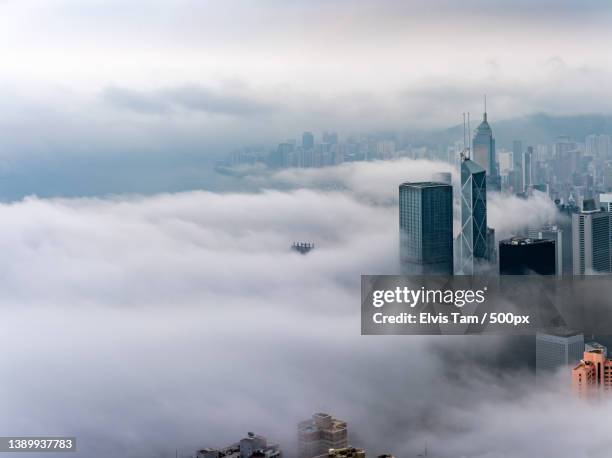 foggy harbour,aerial view of shanghai lujiazui financial district in fog,hong kong - commercial buildings hong kong morning stock pictures, royalty-free photos & images