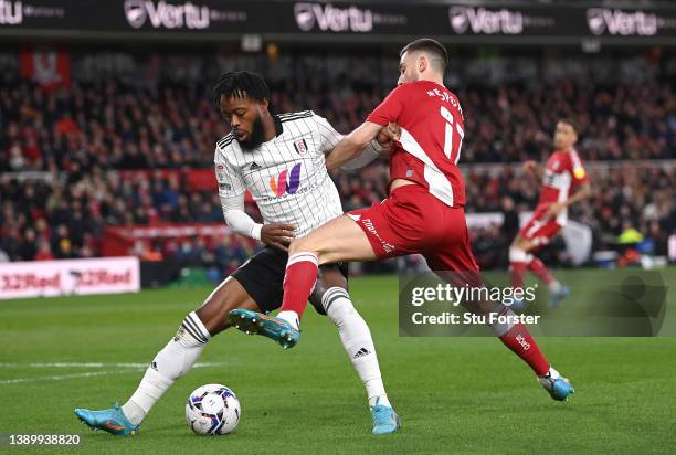 Middlesbrough player Andraz Sporar challenges Fulham player Nathaniel Chalobah during the Sky Bet Championship match between Middlesbrough and Fulham...