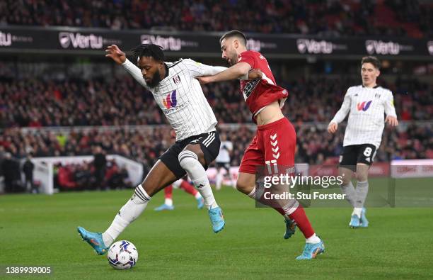Middlesbrough player Andraz Sporar challenges Fulham player Nathaniel Chalobah during the Sky Bet Championship match between Middlesbrough and Fulham...