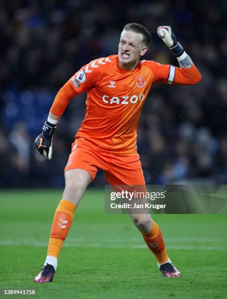 Jordan Pickford of Everton celebrates after teammate Richarlison scored their side's second goal from the penalty spot during the Premier League...
