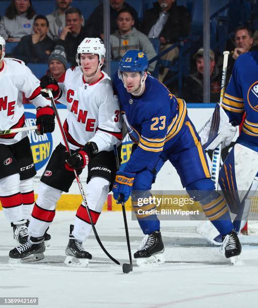 Mattias Samuelsson of the Buffalo Sabres defends against Andrei Svechnikov of the Carolina Hurricanes during an NHL game on April 5, 2022 at KeyBank...