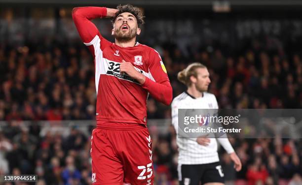 Middlesbrough player Matt Crooks reacts after his shot is saved during the Sky Bet Championship match between Middlesbrough and Fulham at Riverside...