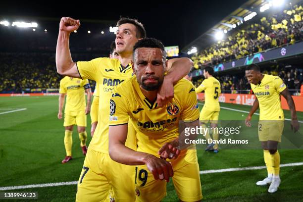 Francis Coquelin of Villarreal CF celebrates a goal which was later disallowed after a VAR review during the UEFA Champions League Quarter Final Leg...