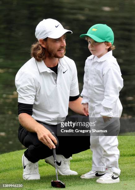 Tommy Fleetwood of England and son Franklin Fleetwood during the Par Three Contest prior to the Masters at Augusta National Golf Club on April 06,...