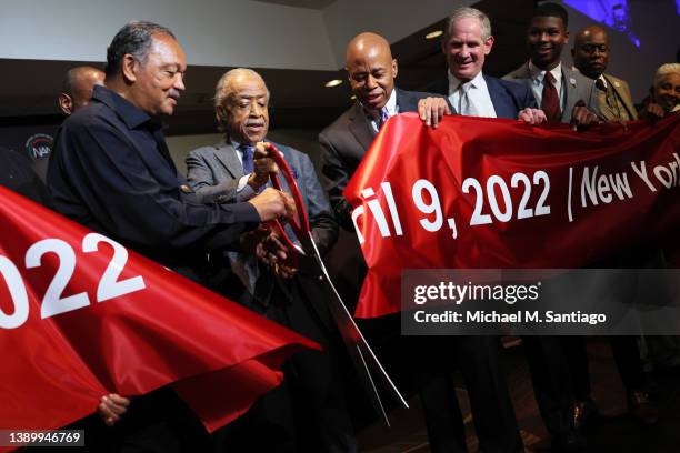 Rev. Jesse Jackson, Rev. Al Sharpton, founder and President of National Action Network, and Mayor Eric Adams cut a ribbon during the 2022 National...